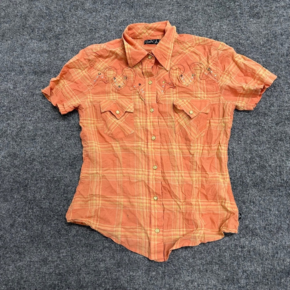 Cruel Girl Shirt Womens Size M Orange Plaid Rhinestone Western Snap Short Sleeve